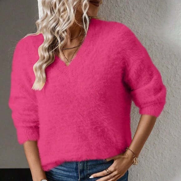 Hot Pink Casual Women's Fuchsia V-Neck Mink Faux Cashmere Pullover Sweater - Picture 2 of 6